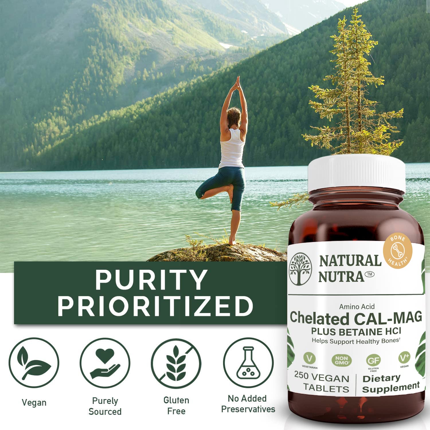 Natural Nutra calcium magnesium 2-to-1 ratio infographic showing balanced mineral intake.
