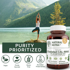 Natural Nutra calcium magnesium 2-to-1 ratio infographic showing balanced mineral intake.