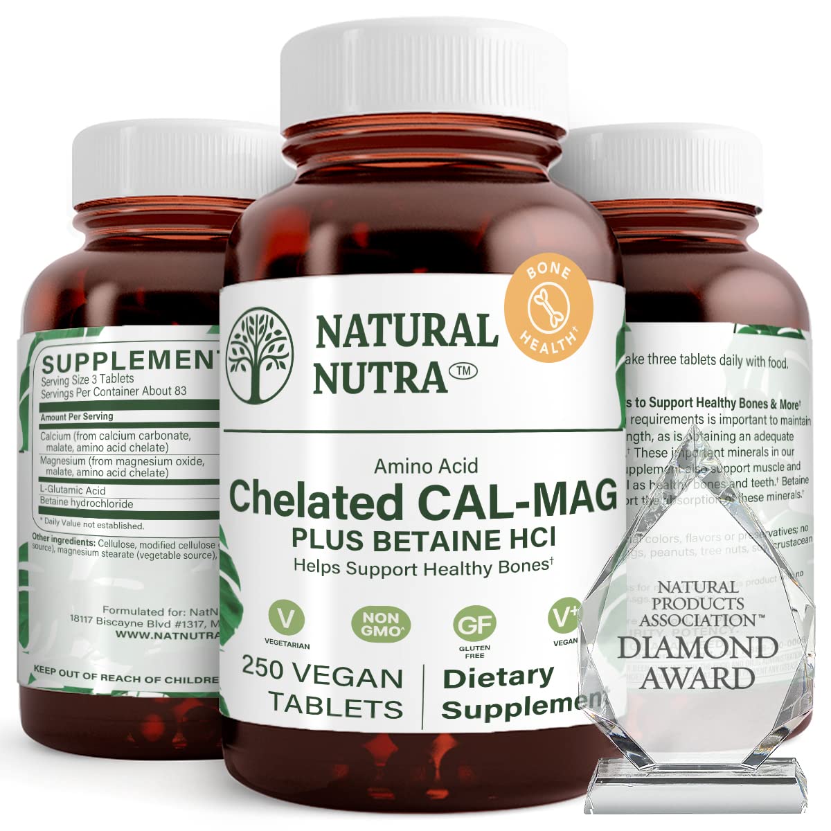 Natural Nutra chelated calcium magnesium bottle for balanced daily mineral support.