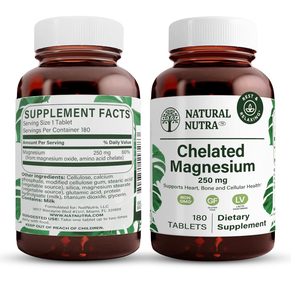Natural Nutra chelated magnesium oxide tablets with 250 mg dose for daily energy.