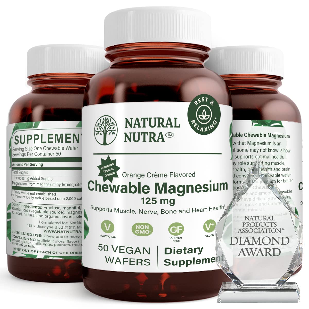 Natural Nutra magnesium bottle on a kitchen counter highlighting 125mg per wafer for daily support.