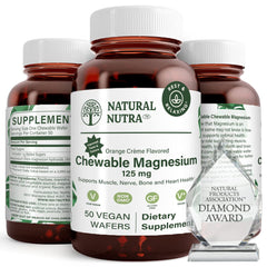 Natural Nutra magnesium bottle on a kitchen counter highlighting 125mg per wafer for daily support.