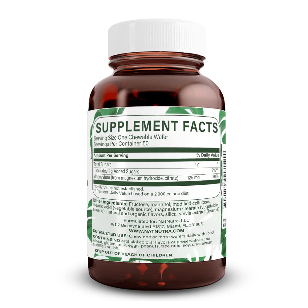 Natural Nutra creme-flavored magnesium wafers shown as a chewable daily supplement.