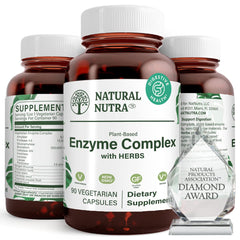 Natural Nutra bottle of plant-based digestive enzymes supports daily comfort and nutrient absorption.