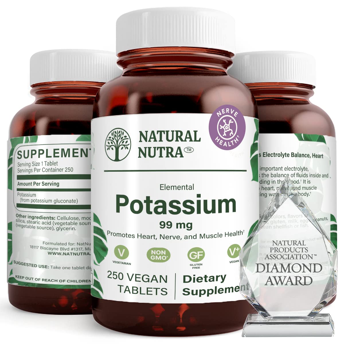 Natural Nutra Elemental Potassium Gluconate bottle front with vegan packaging.