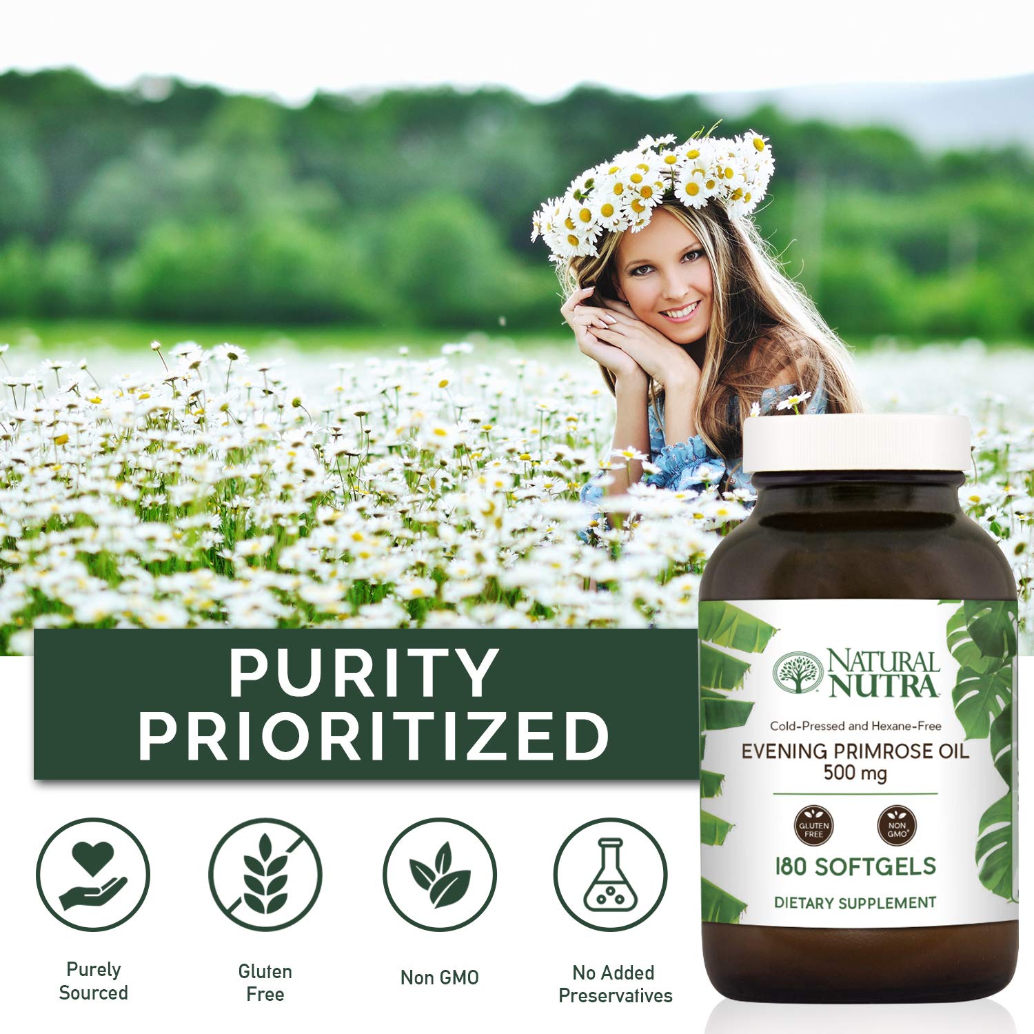 Natural Nutra Evening Primrose Oil amber glass bottle emphasizing eco-friendly packaging.