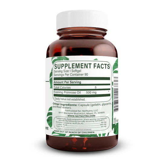 Natural Nutra Evening Primrose Oil bottle label highlights 500 mg strength.