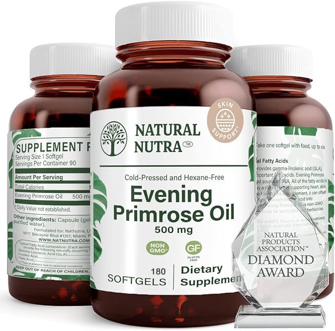 Natural Nutra Evening Primrose Oil bottle highlighting skin clarity and heart support.