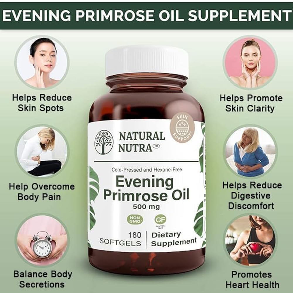 Natural Nutra Evening Primrose Oil label closeup showing purity and non-GMO claims.