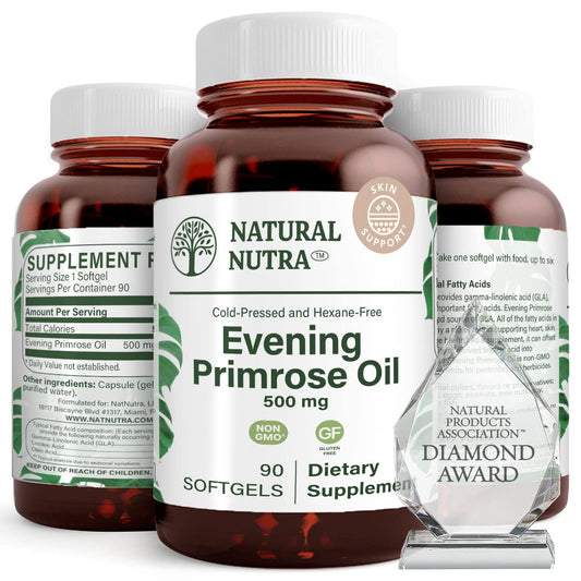 Natural Nutra Evening Primrose Oil softgel close-up for skin clarity possibilities.