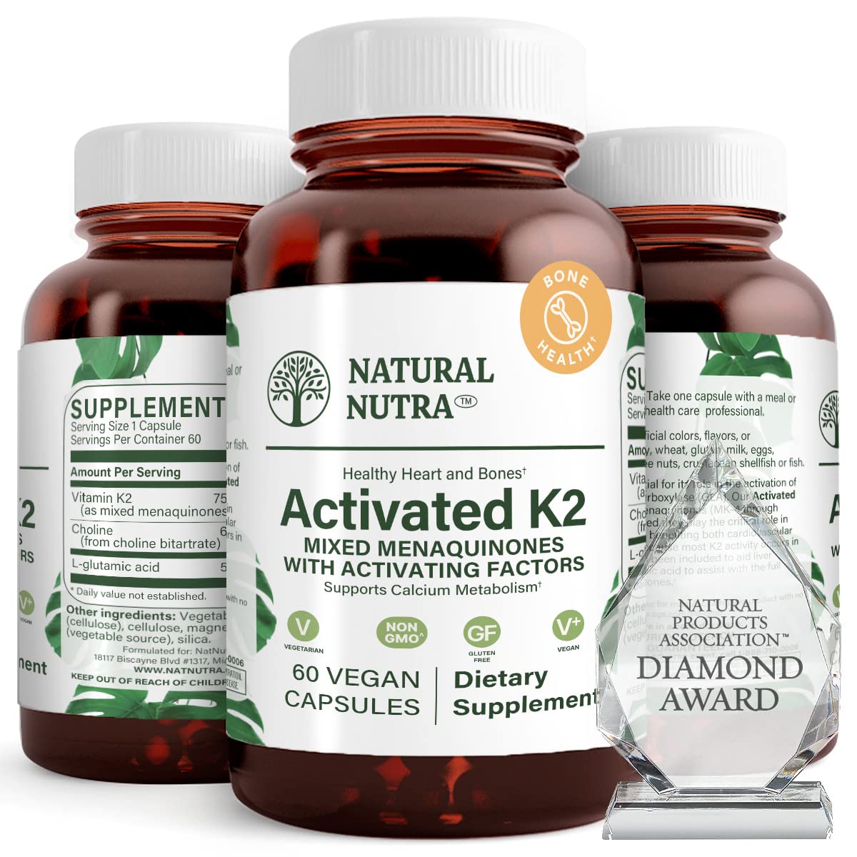 Natural Nutra full spectrum K2 bottle front highlighting 75 mcg per capsule for calcium support.
