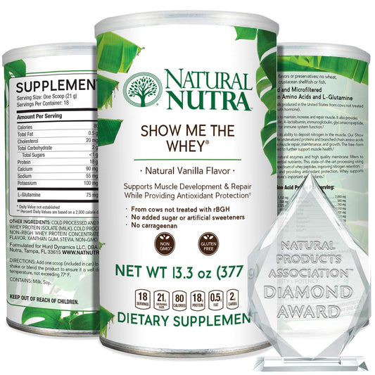 Natural Nutra grass-fed vanilla whey powder container for purity and muscle support