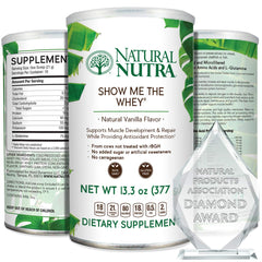 Natural Nutra grass-fed vanilla whey powder container for purity and muscle support
