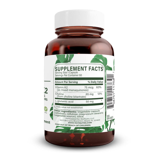 Natural Nutra K2 capsules close-up showing 75 mcg per capsule for daily intake.