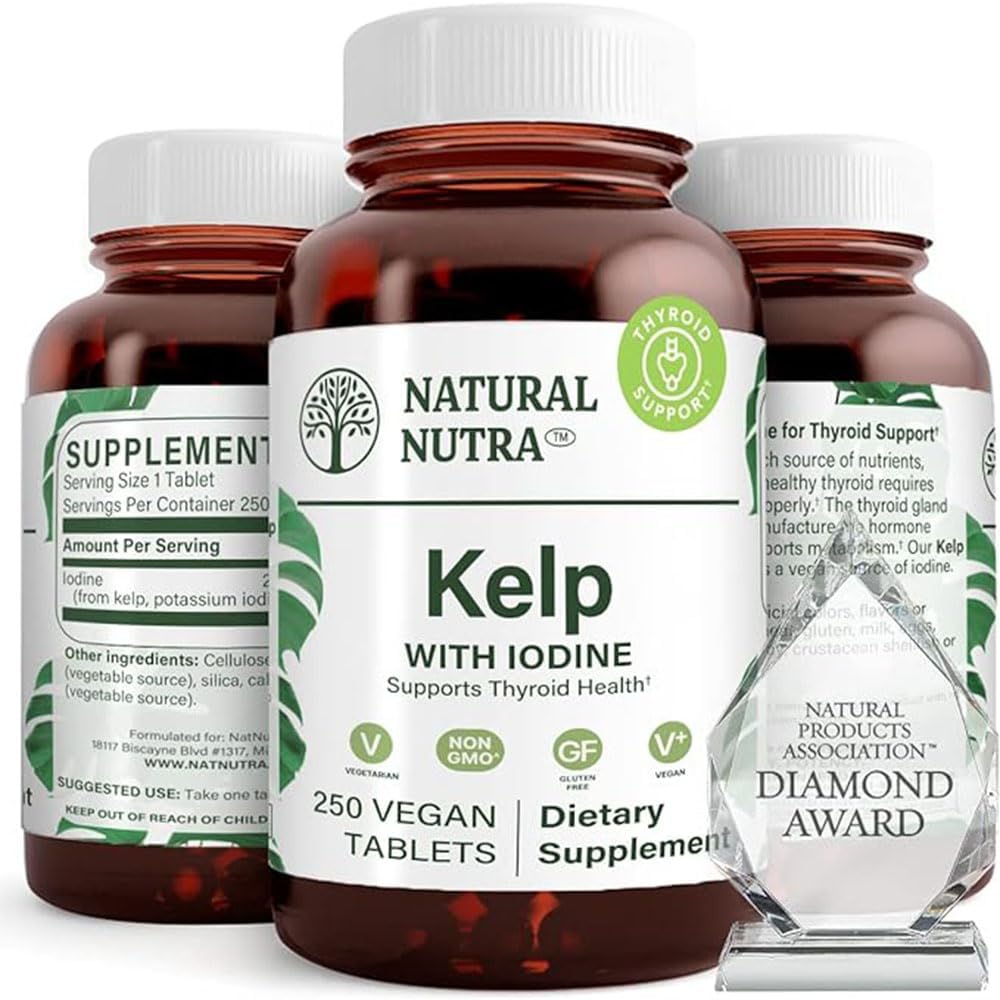 Natural Nutra Kelp Iodine bottle label shows kelp source and iodine content for thyroid support