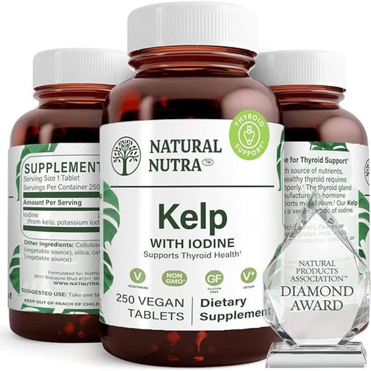 Natural Nutra Kelp Iodine bottle label shows kelp source and iodine content for thyroid support