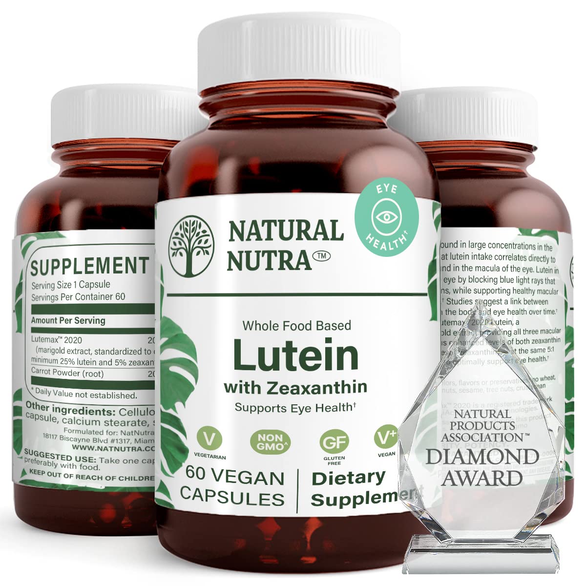 Natural Nutra Lutein Zeaxanthin bottle label supports daily eye health and clarity.