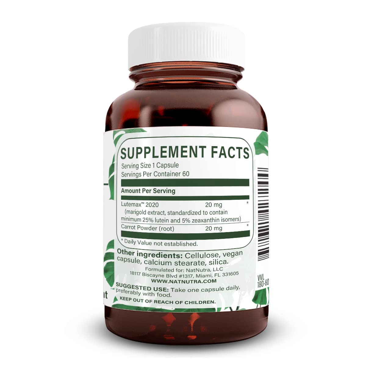 Natural Nutra capsules closeup shows 20 mg potency for potential long-term eye support.