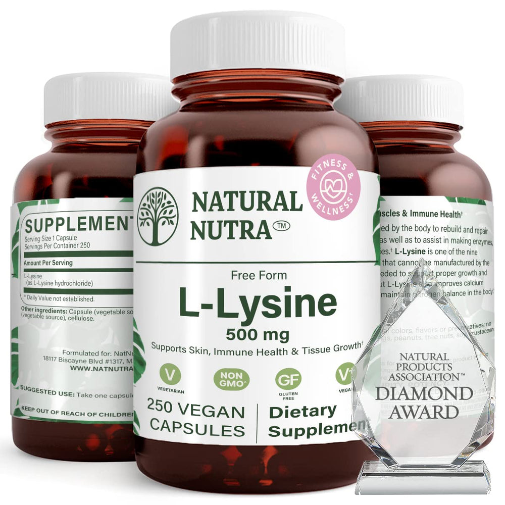 Natural Nutra L Lysine HCl bottle on a clean surface supports bone health.