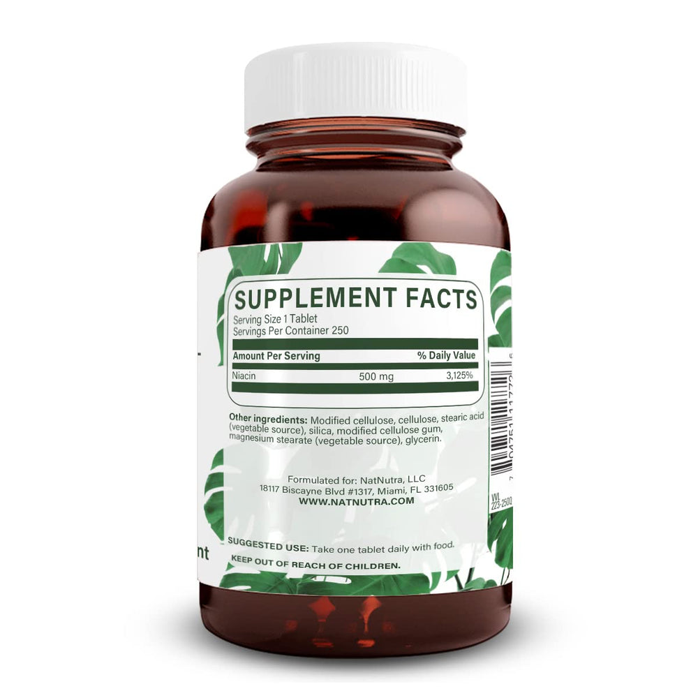 Natural Nutra Niacin 500mg tablets in a clear bottle highlighting time-release formula.