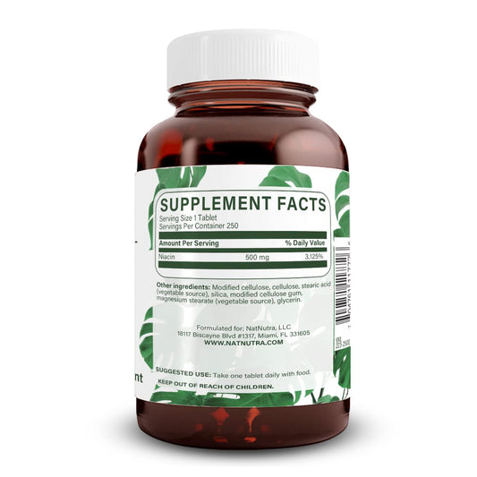 Natural Nutra Niacin 500mg tablets in a clear bottle highlighting time-release formula.