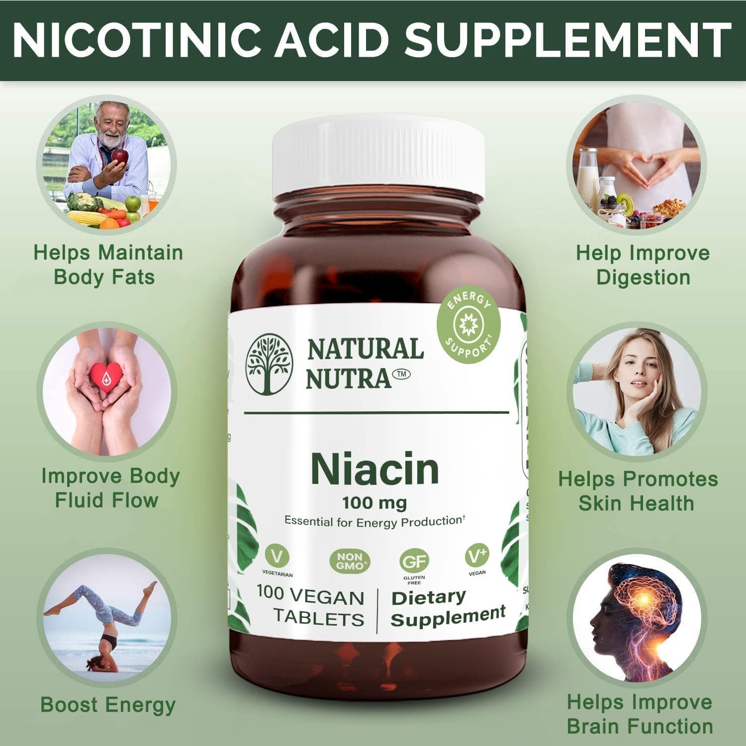 Natural Nutra Niacin glass bottle protects purity and stability of the supplement