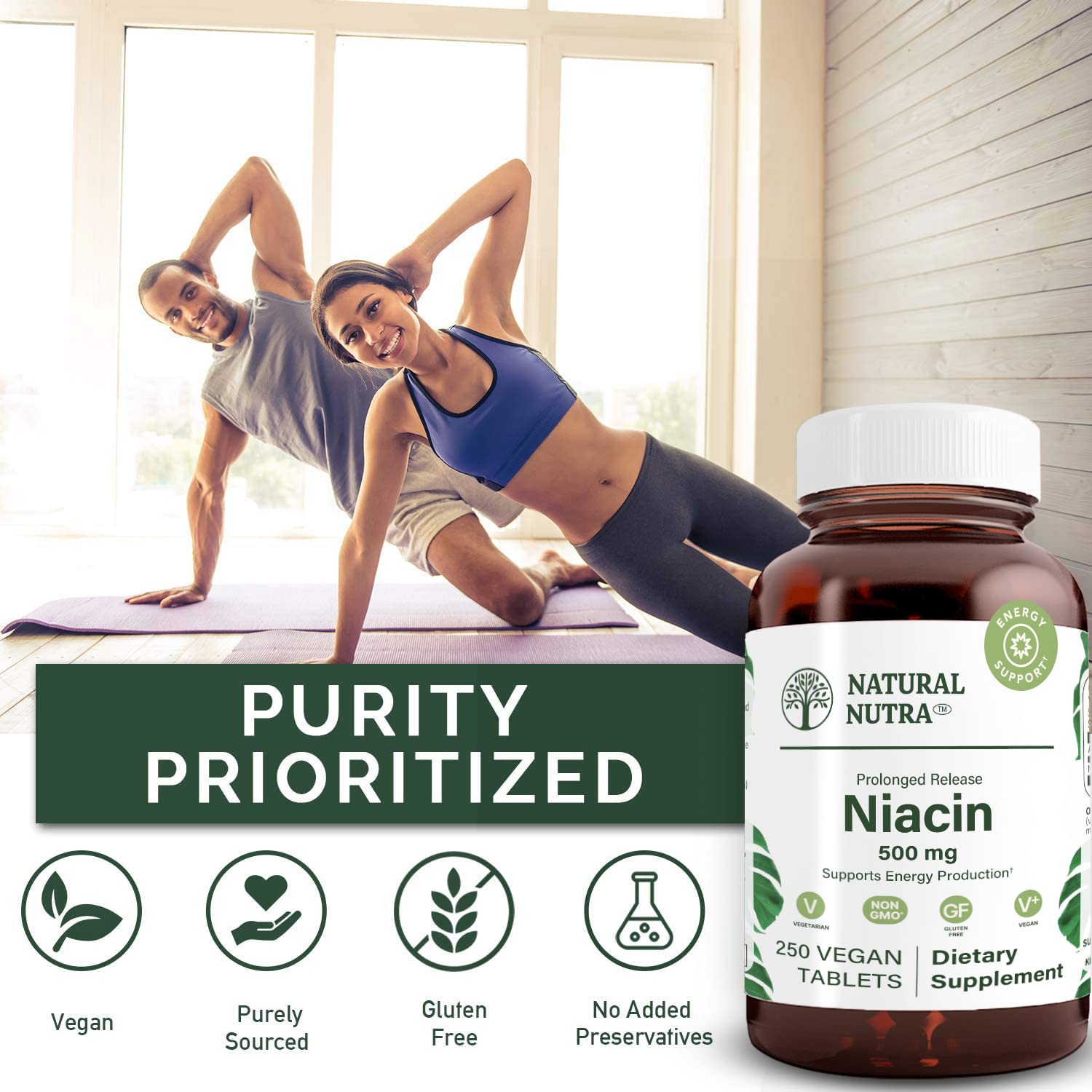 Natural Nutra Niacin label close-up showing 500mg dosage and vegan, gluten-free attributes.