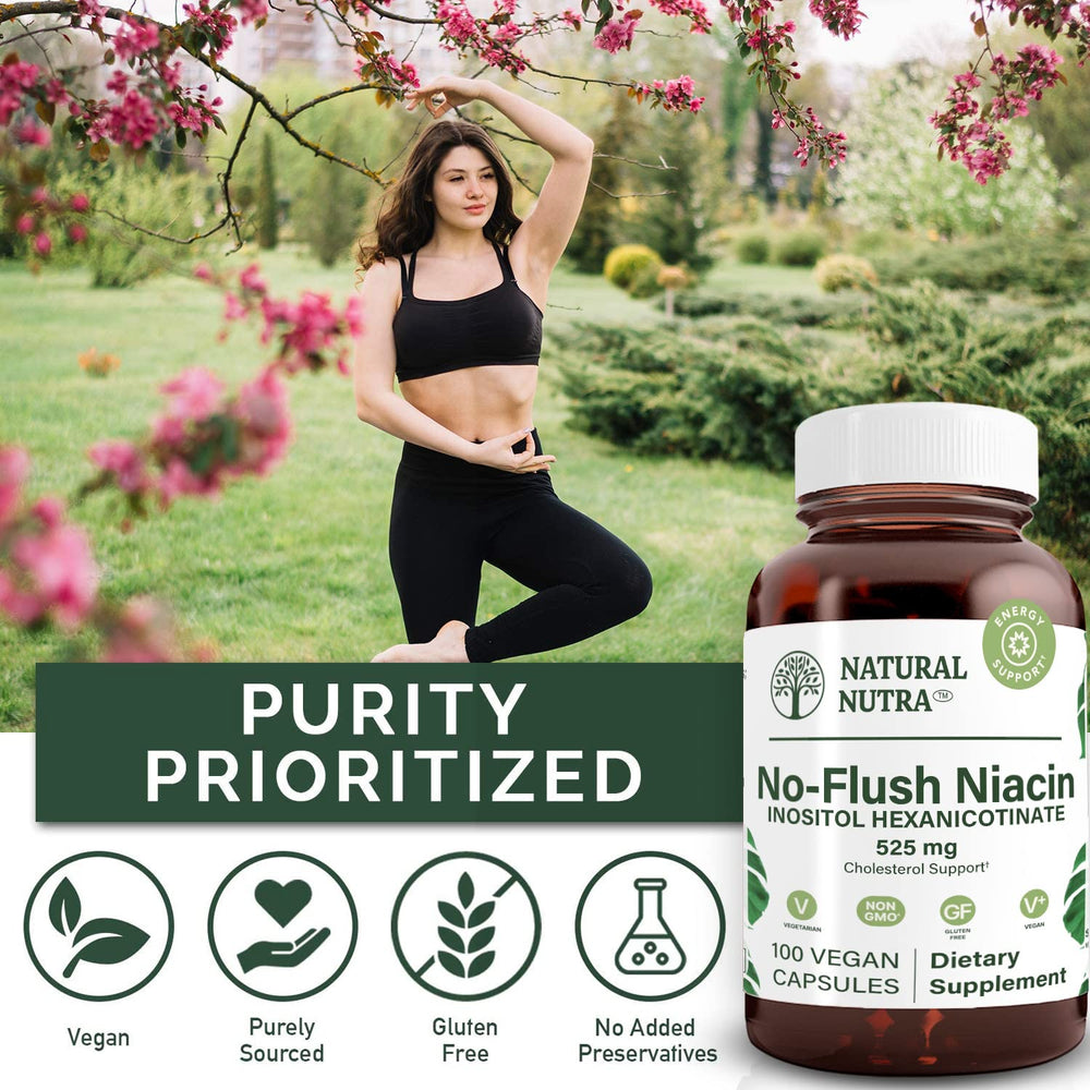 Natural Nutra No-Flush Niacin amber glass bottle on display.