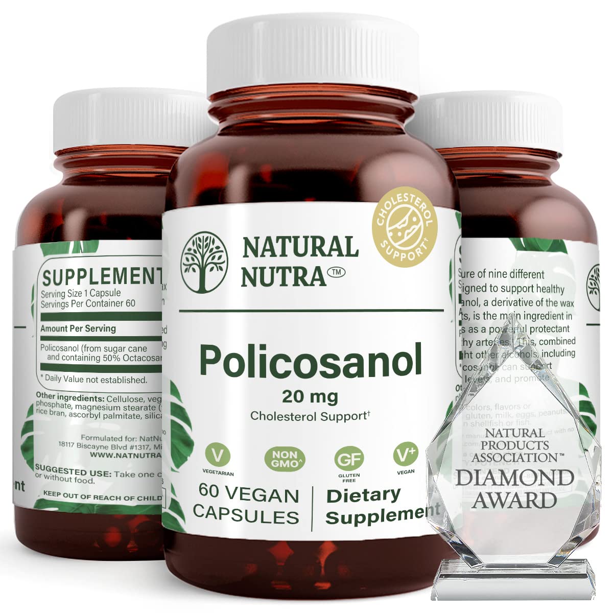 Natural Nutra Policosanol 20mg octacosanol bottle for daily circulation support.