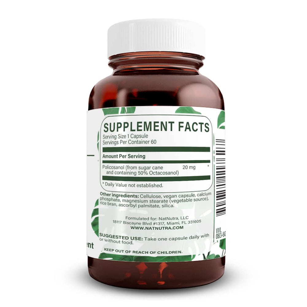 Natural Nutra Policosanol 20mg capsules for vegan daily wellness.