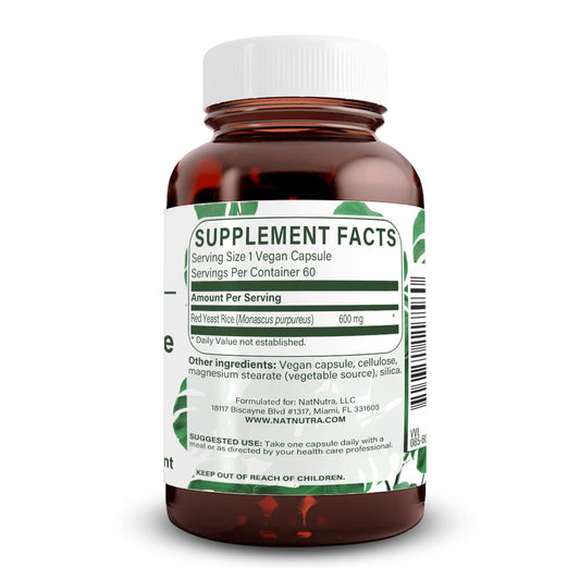 Natural Nutra Red Yeast Rice capsules close-up for easy daily use.
