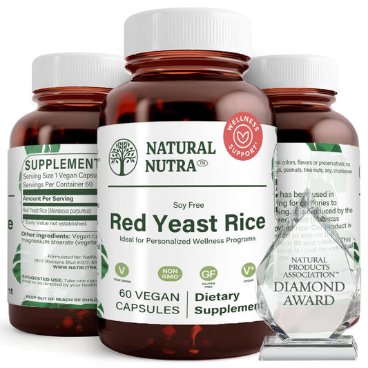Natural Nutra Red Yeast Rice Extract bottle in amber glass supports daily cardiovascular wellness.