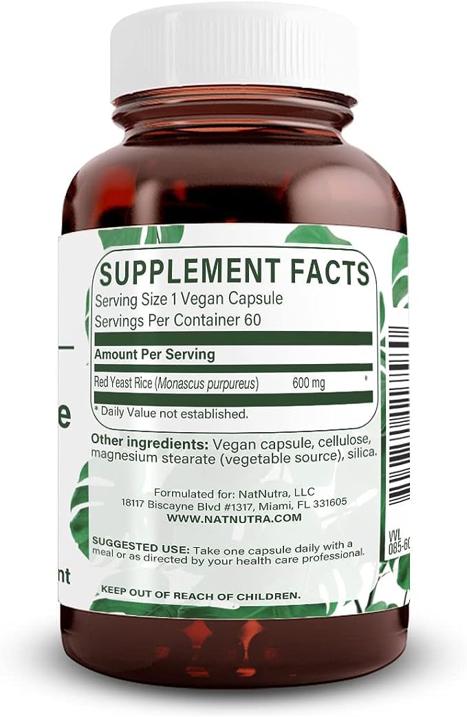 Natural Nutra Red Yeast Rice Extract capsules for immune support and digestion.