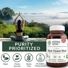Natural Nutra Red Yeast Rice label close-up noting gluten-free vegan formula.