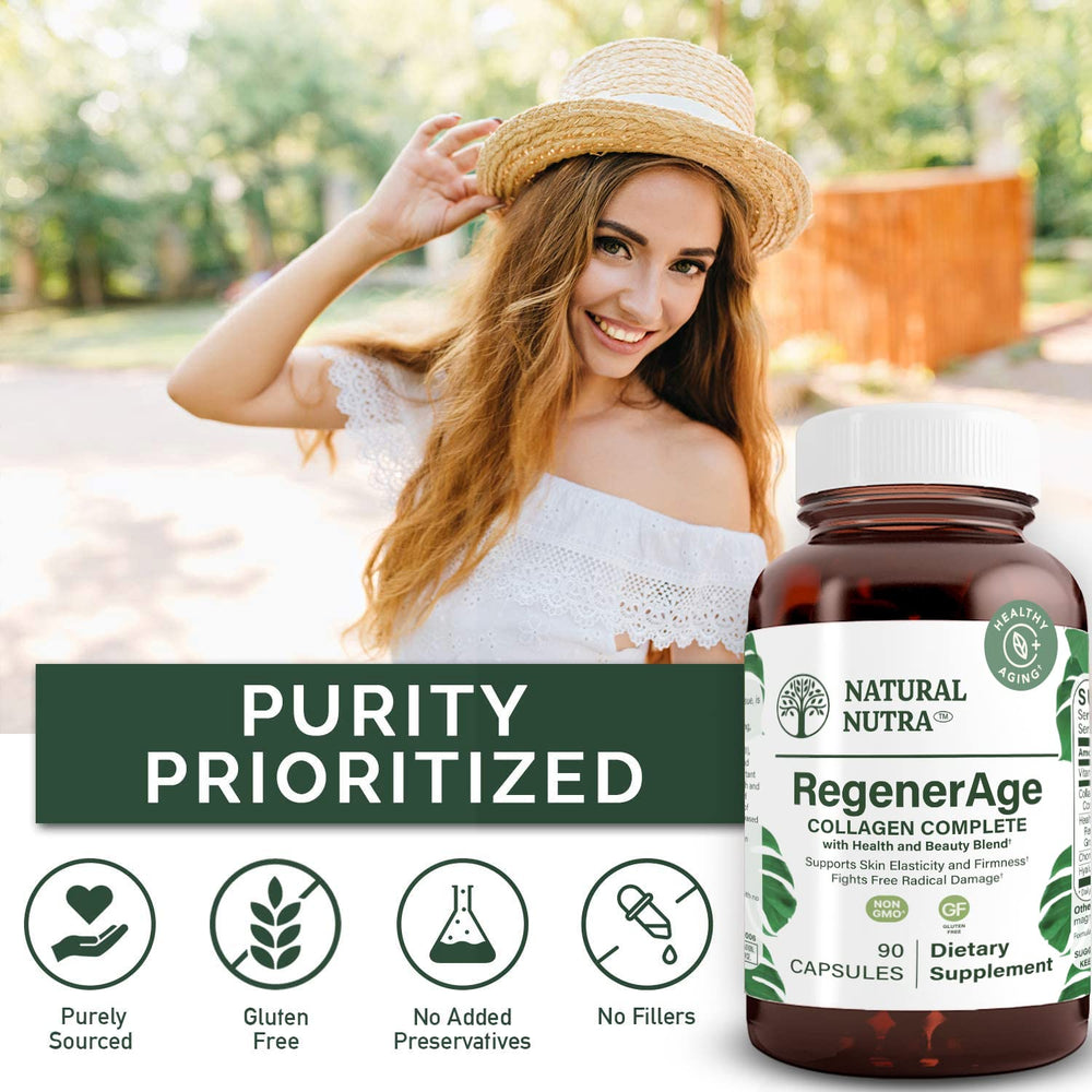 Natural Nutra RegenerAge amber glass bottle emphasizes purity and recyclable packaging.