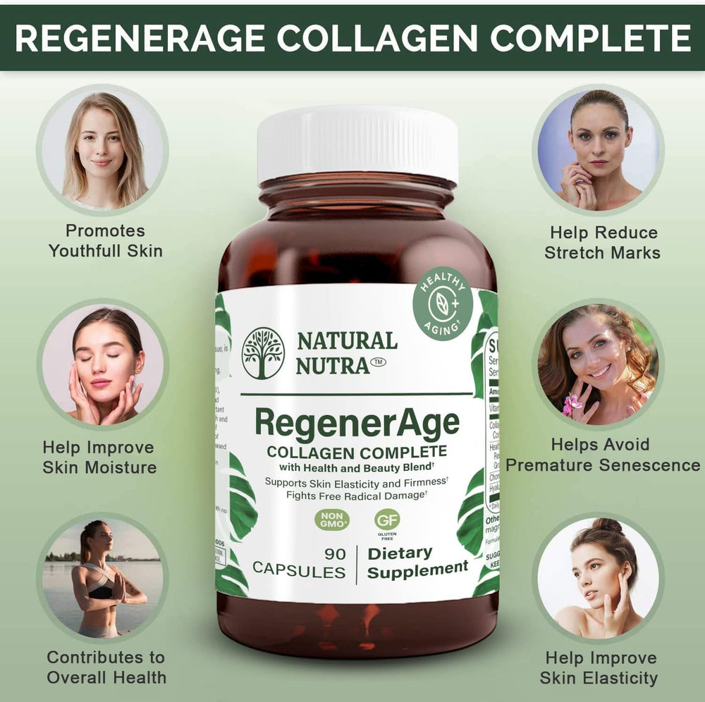 Natural Nutra RegenerAge hyaluronic acid highlights moisture retention benefits.