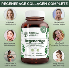 Natural Nutra RegenerAge hyaluronic acid highlights moisture retention benefits.