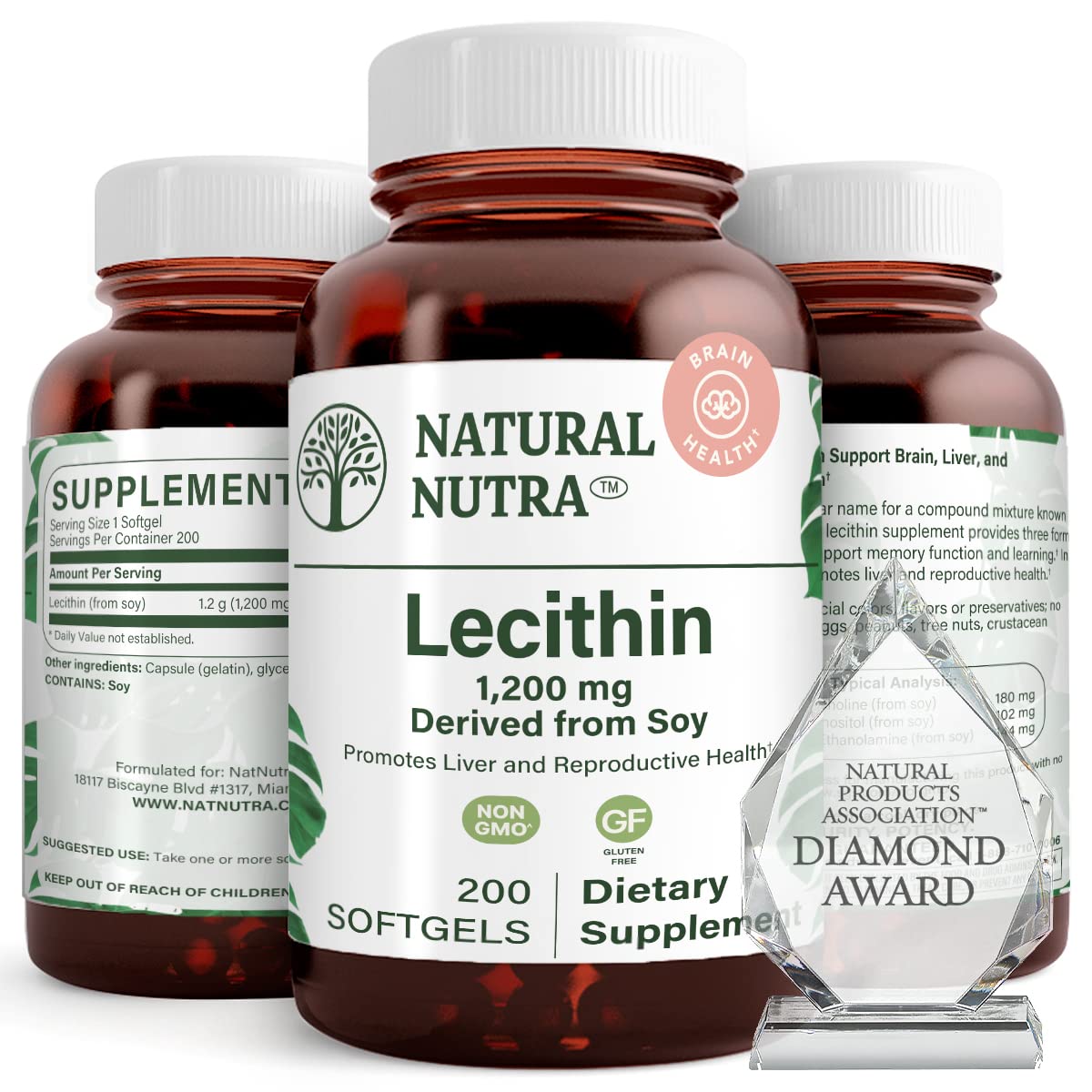Natural Nutra Soy Lecithin bottle front showcases gluten-free, brain-supporting formulation.