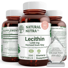 Natural Nutra Soy Lecithin bottle front showcases gluten-free, brain-supporting formulation.