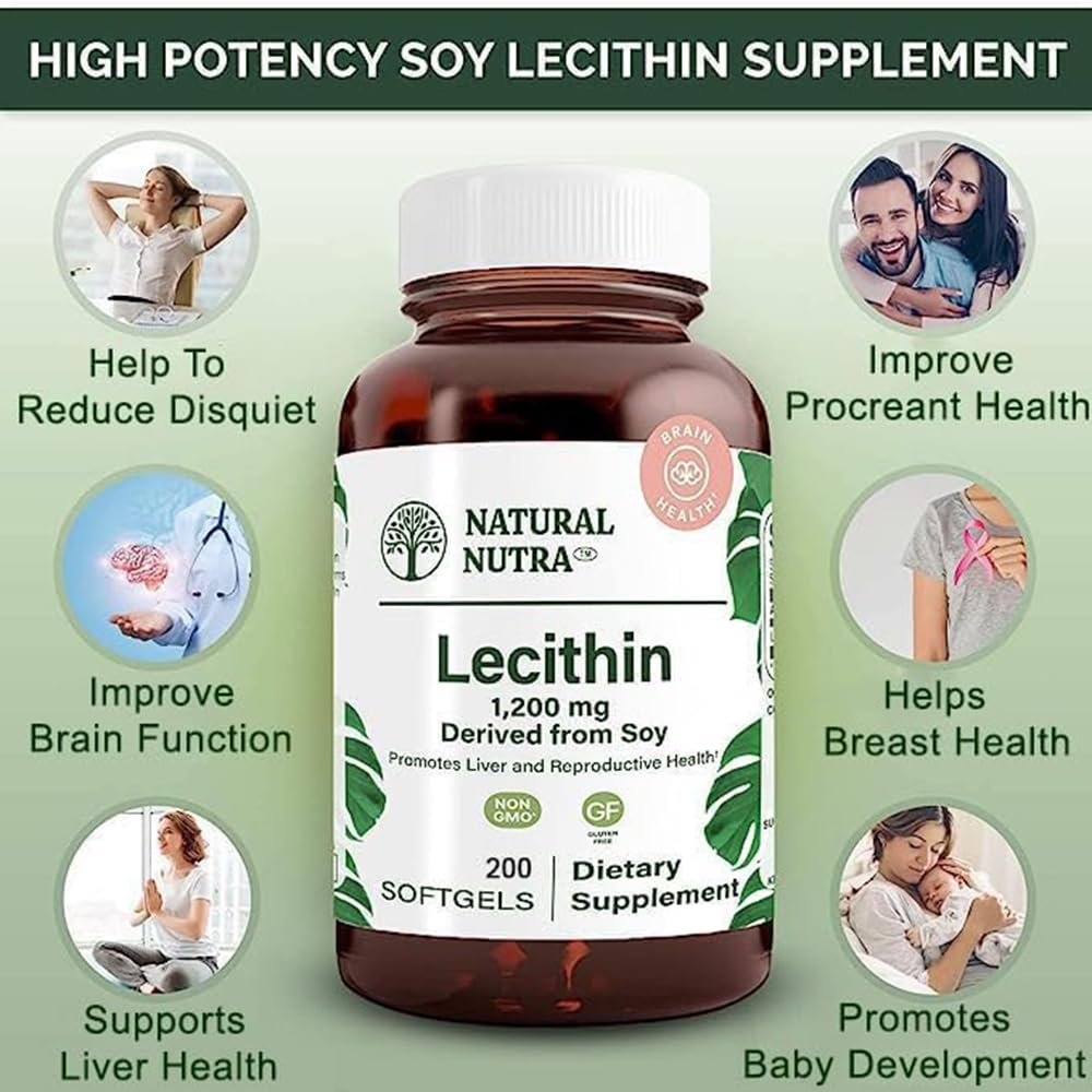 Natural Nutra Soy Lecithin label design features liver health and reproductive wellness messaging.