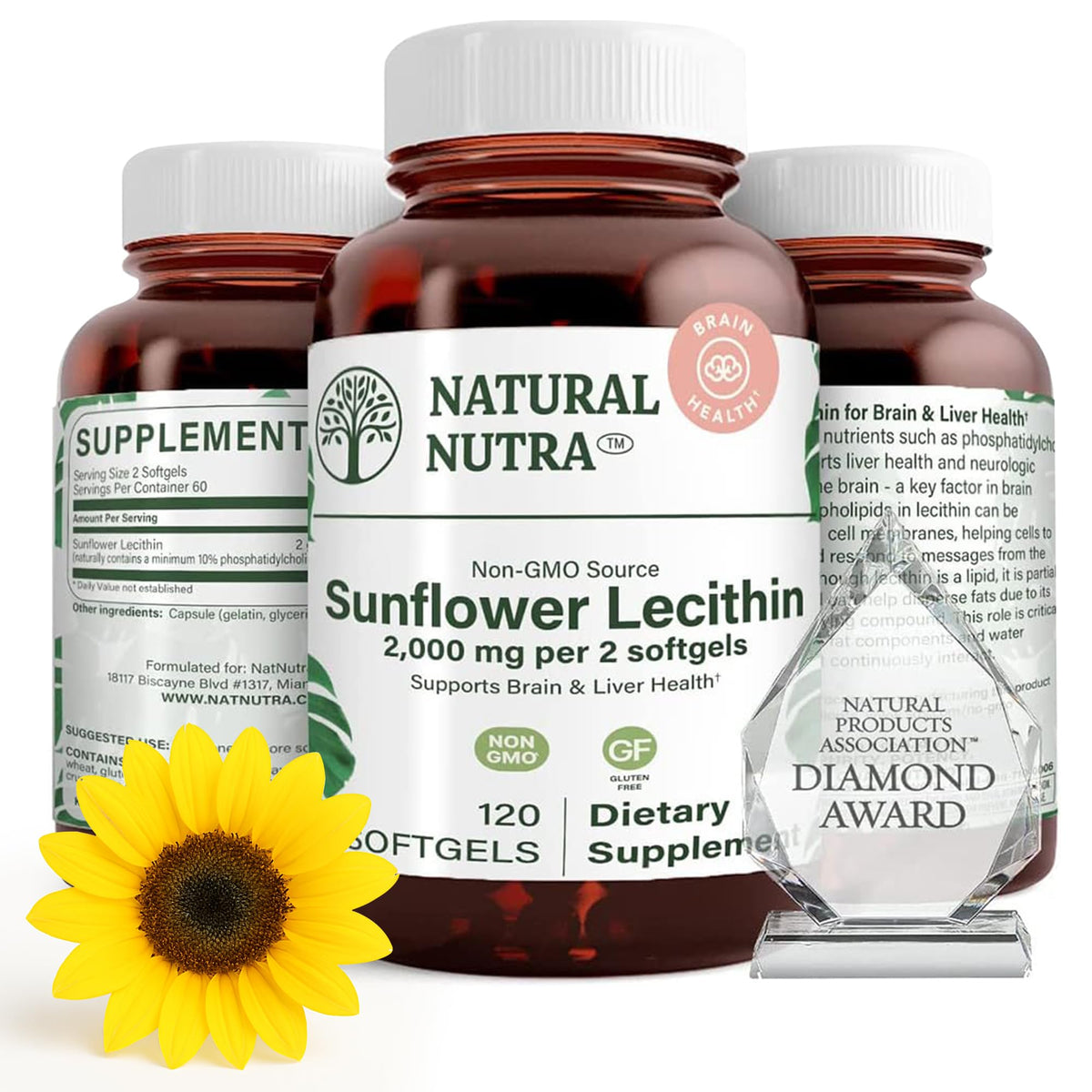Natural Nutra Sunflower Lecithin 2000 mg softgel bottle promotes easy intake and daily support.