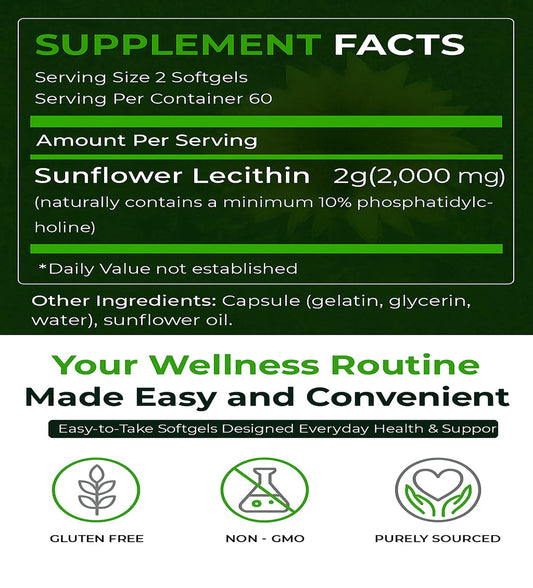 Natural Nutra Sunflower Lecithin softgel closeup shows convenient capsules for busy lifestyles.