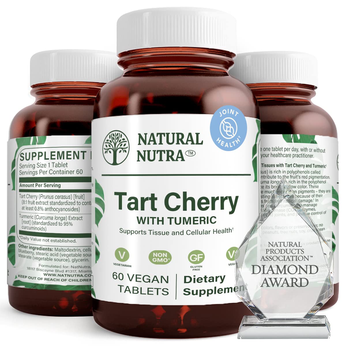 Natural Nutra Tart Cherry Extract bottle showing vegan formula for joint support