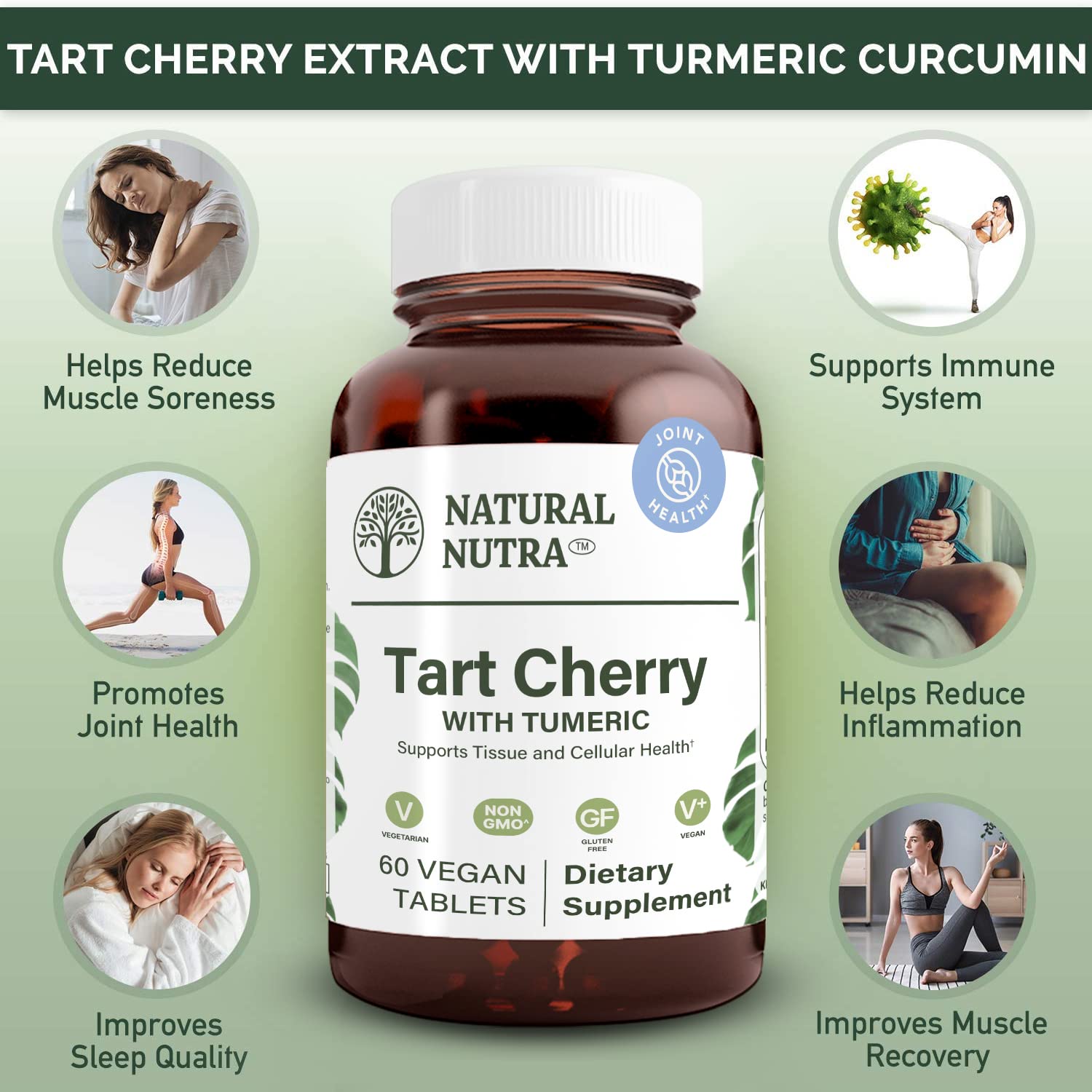 Natural Nutra Tart Cherry extract ingredients featuring cherries and turmeric
