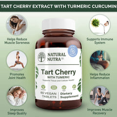 Natural Nutra Tart Cherry extract ingredients featuring cherries and turmeric