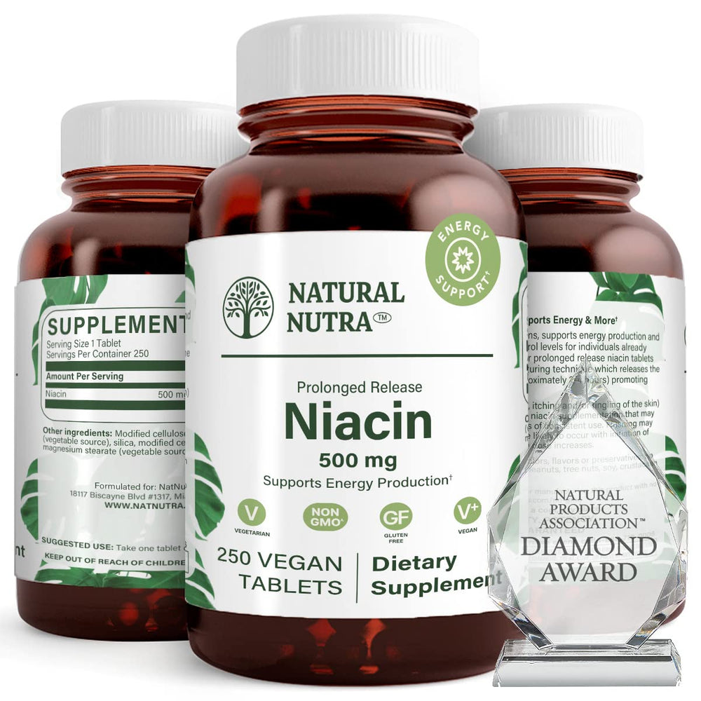 Natural Nutra Time-Release Niacin 500mg bottle with slow-release formula for steady energy support.