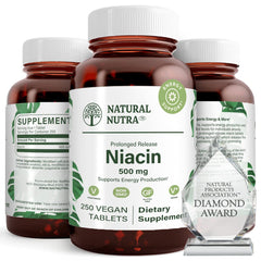 Natural Nutra Time-Release Niacin 500mg bottle with slow-release formula for steady energy support.