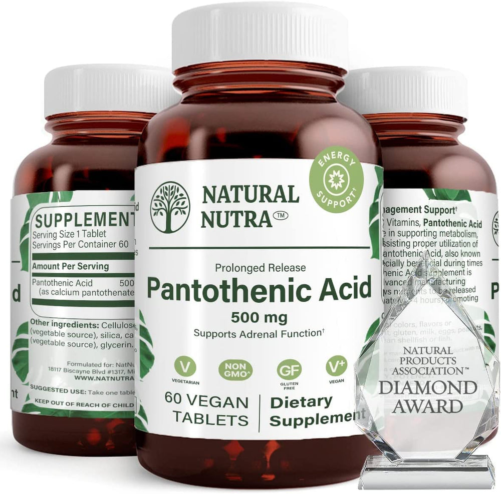 Natural Nutra time-release pantothenic acid bottle for steady energy support.