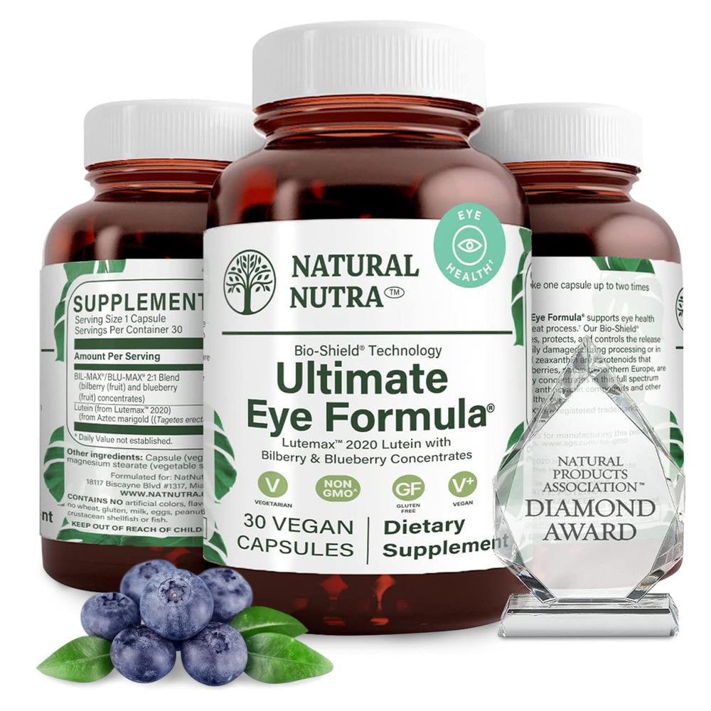 Natural Nutra Ultimate Eye Health bottle closeup for daily vision support.
