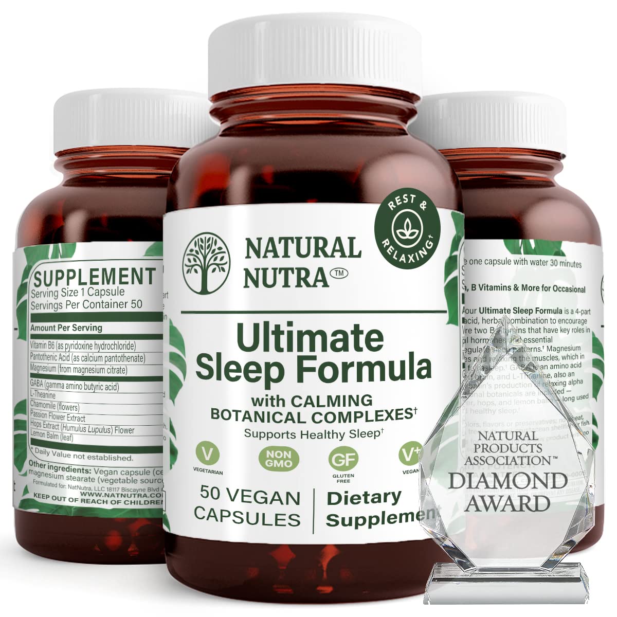 Natural Nutra Ultimate Sleep Formula bottle in amber glass promotes calmer nights